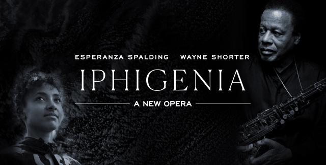 "Iphigenia: A New Opera" over portraits of Esperanza and Wayne.